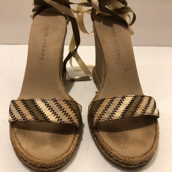 Marc Jacobs Espadrille Wedge Sandals with ribbon ankle tie- tans & greens, Sz 8 - Picture 8 of 11